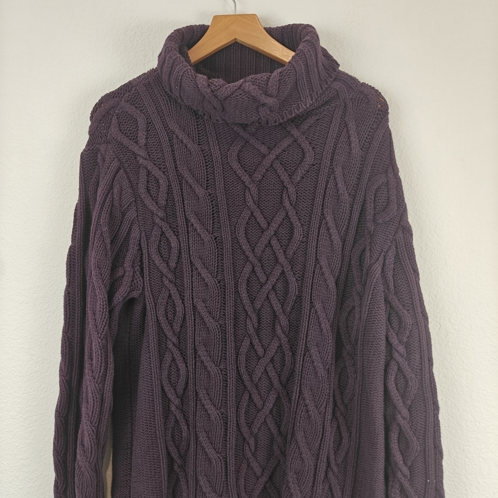 Bryn Walker Cotton Turtleneck Chunky Cable Knit Sweater In Eggplant Purple Sz LG - Picture 3 of 11